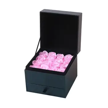 

Valentines Gift Beautiful Simulation Roses Trinket Box Soap Flower with Box Square Black Jewlery Box Carrying Cases