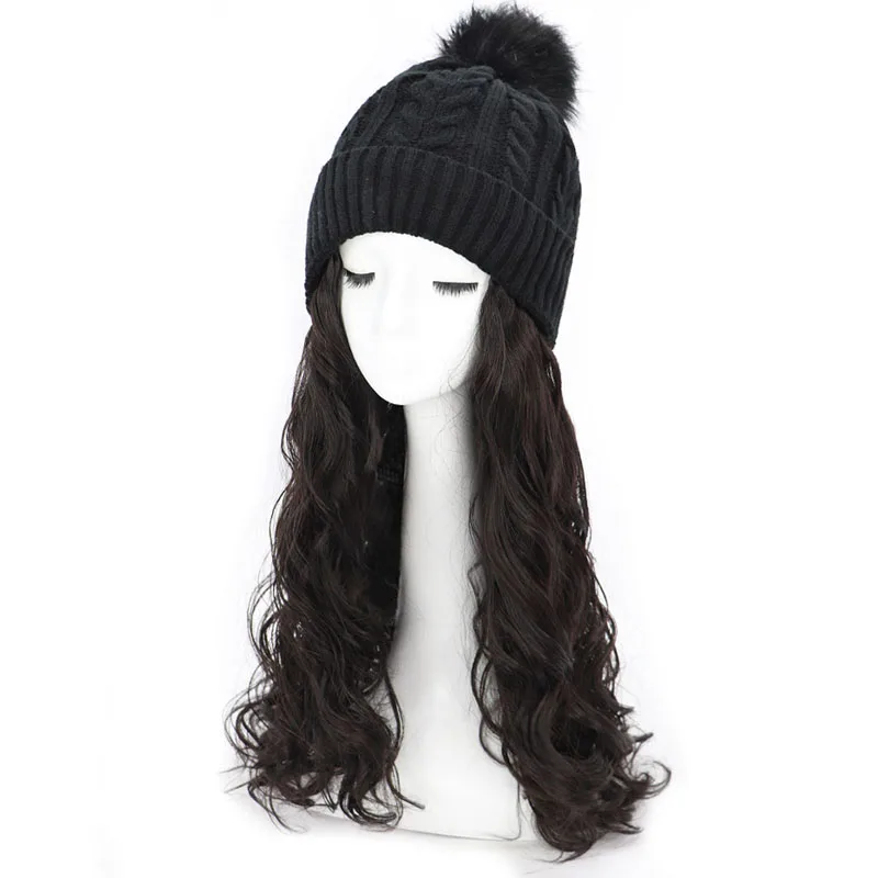 FEELSI парик для женщин, длинные волнистые волосы, вязаная плюшевая шапка, парик One Peice, осенний и зимний женский модный синтетический парик, шапка, полный парик