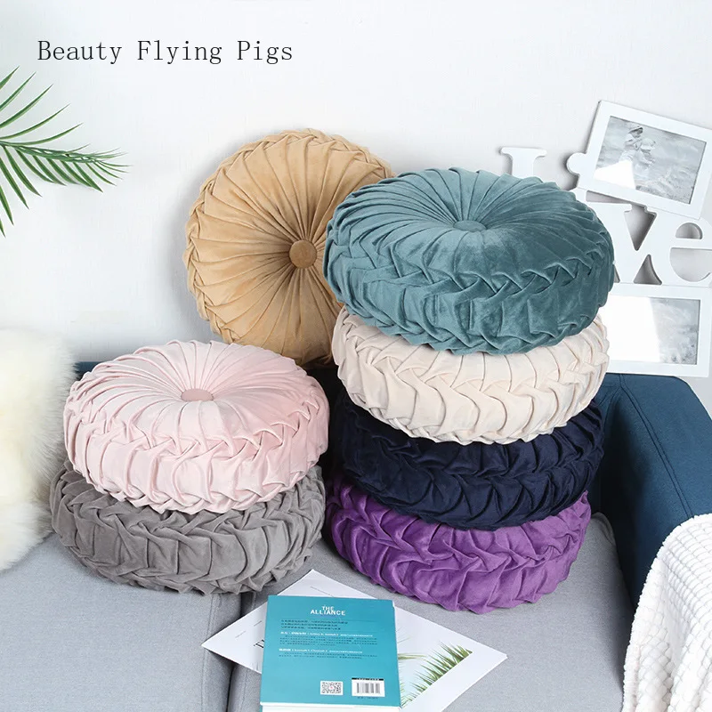 Velvet Pleated Futon Round Pumpkin Throw Pillow For Couch Floor