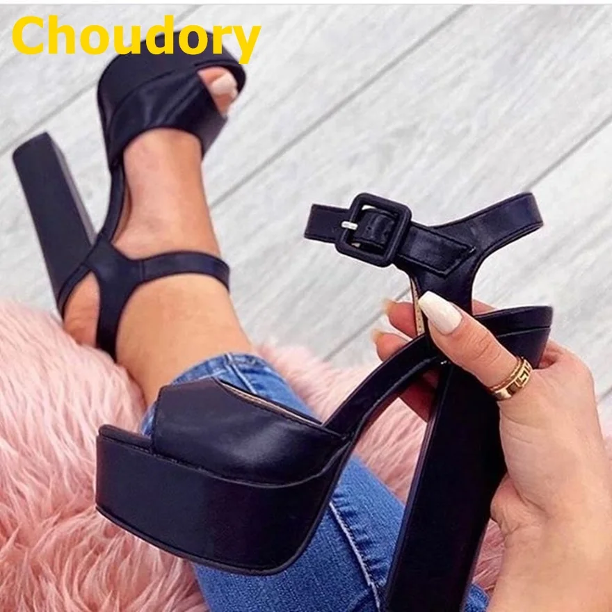 

Choudory Black Matte Leather Chunky Heel Sandal Square Buckle Strap Dress Pumps Women Open Toe Party Shoes Size46 Footwear