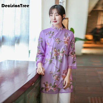 

2020 retro plum blossom embroidery women qipao embroidered trend chinese traditional style linen cheongsam shirt tops
