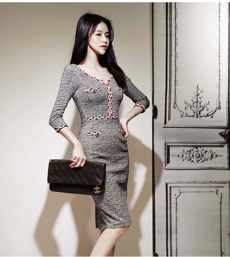 Осень женский винтажный серый v-образный вырез Bodycon формальный офисный женский Вечеринка платье Зима Весна