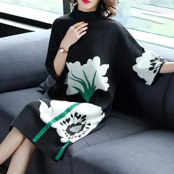 

Women s Clothing Dresses Christmas sexy pullover jurken work knitted black white floral casual dress plus size 2019 autumn