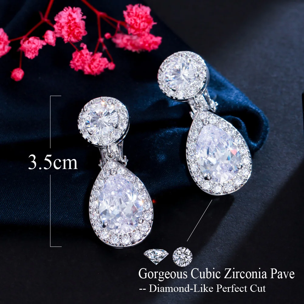 Non Pierced Ear Design Dangle Water Drop Cubic Zirconia Crystal Wedding Bridal Clip On Earring