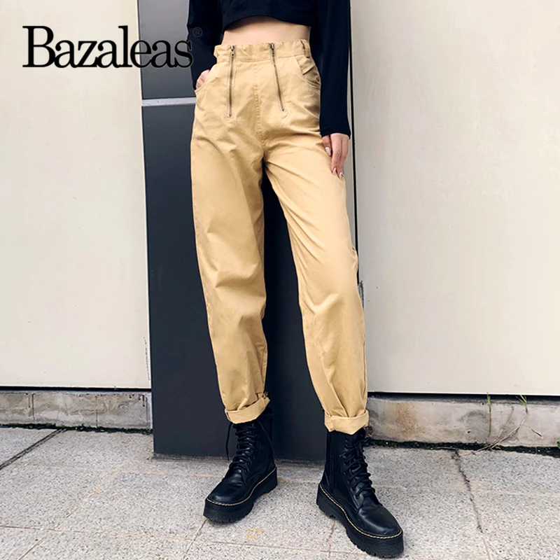 Bazaleas панковские брюки с двойной молнией pantalones mujer, брюки цвета хаки, женские уличные модные брюки с карманами для женщин