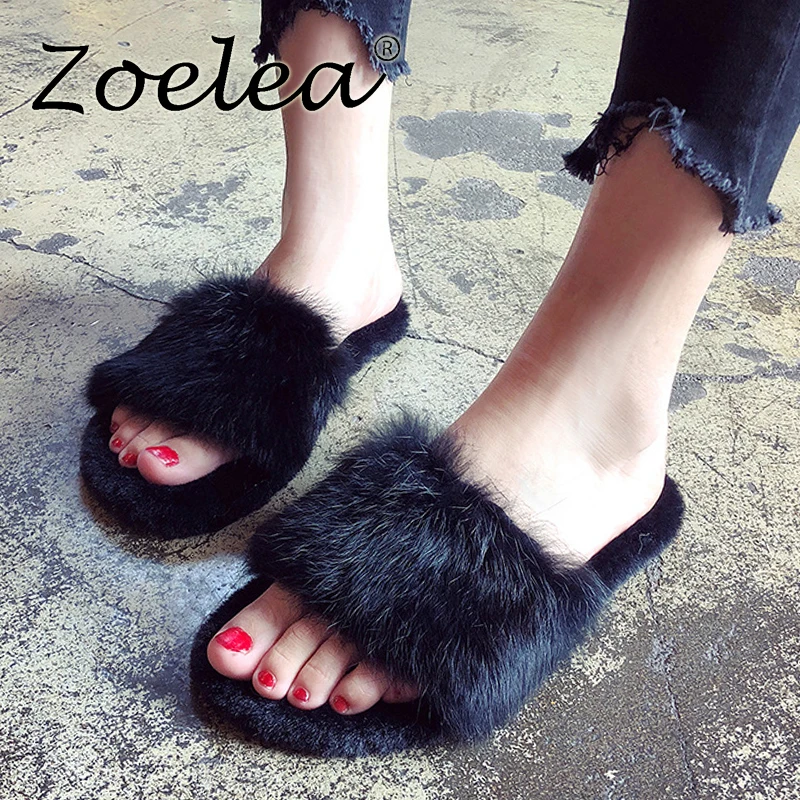 

Zoelea Woman Rabbit Fur Slippers Winter Shoes For Women Platform Home Slippers Faux Fur Warm Shoes Female Slides Plus Size 41