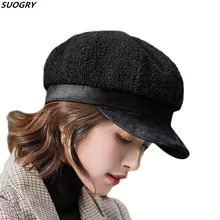 Осенняя модная шапка женская бархатная ткань плоская двухслойная кепка газетчика восьмиугольная кепка шапки для женщин однотонные береты