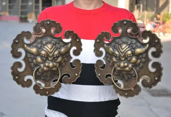 

wedding decoration 11" Old Chinese Palace Pure bronze Lion Lions Head Door Knocker Ring Statue Pair