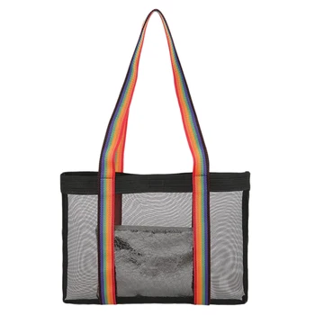 

Rainbow Shoulder Strap Mesh Bag Transparent Mother Shoulder Bag Portable Beach Large Capacity Shopping Bag