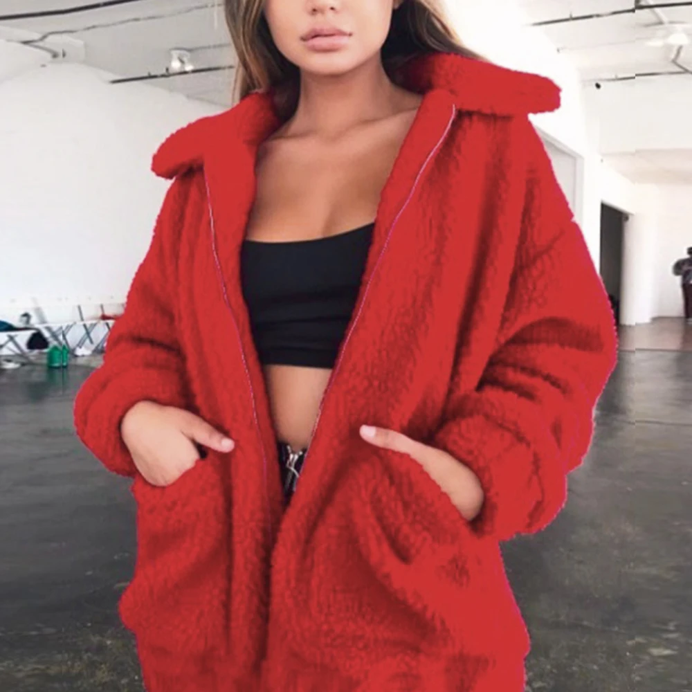 

PUIMENTIUA 2019 Faux Fur Coat Women Autumn Winter Warm Soft Zipper Fur Jacket Female Plush Overcoat Pocket Casual Teddy Outwear