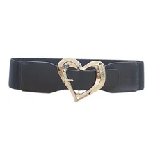 Wide Waist Belt With Irregular Gold Heart Buckle Women Elastic Stretch Smooth Black PU Leather Fashion Dress Casual Deco Belt