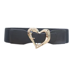 Wide Waist Belt With Irregular Gold Heart Buckle Women Elastic Stretch Smooth Black PU Leather Fashion Dress Casual Deco Belt