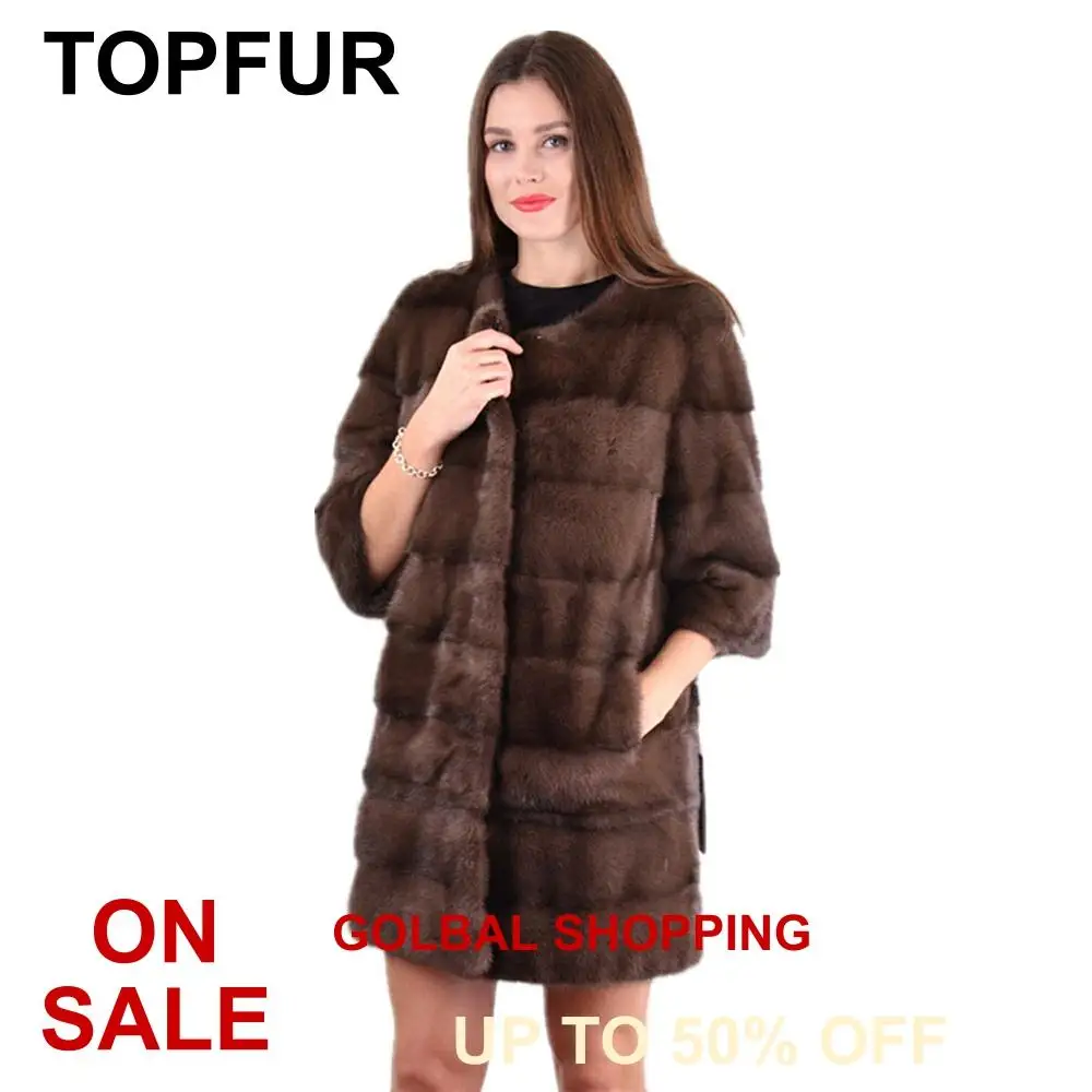 TOPFUR Новая модная зимняя длинная норковая шуба натуральный мех шуба для женщин натуральный норковый мех стандартная Шуба с круглым вырезом половина одежда с рукавами