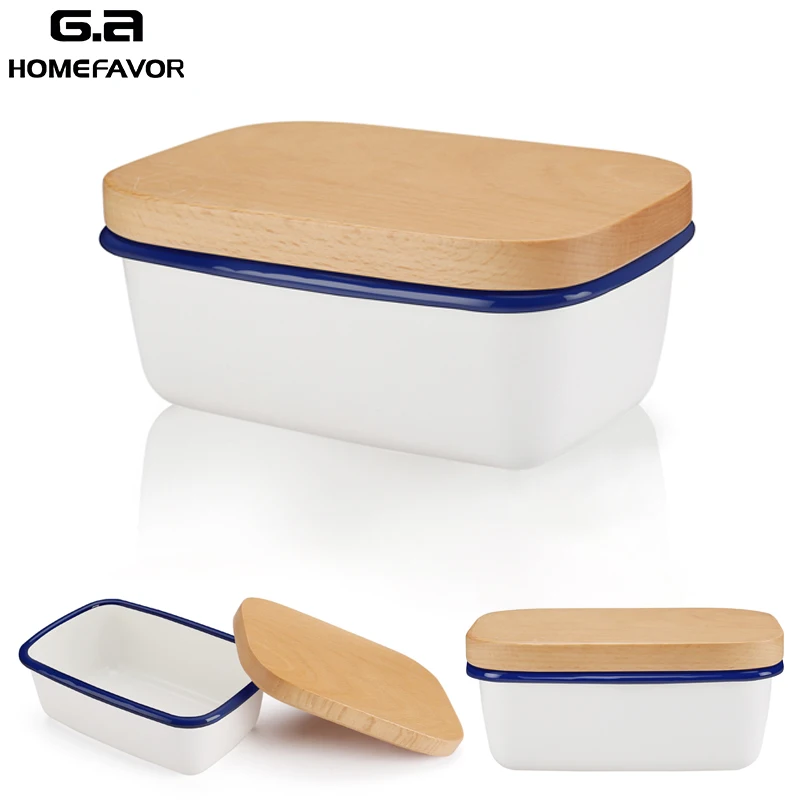 Najtaniej Pojemnik na masło emaliowane pojemnik na owoce pojemnik na masło nowy pojemnik na masło z drewnianą pokrywa akcesoria kuchenne