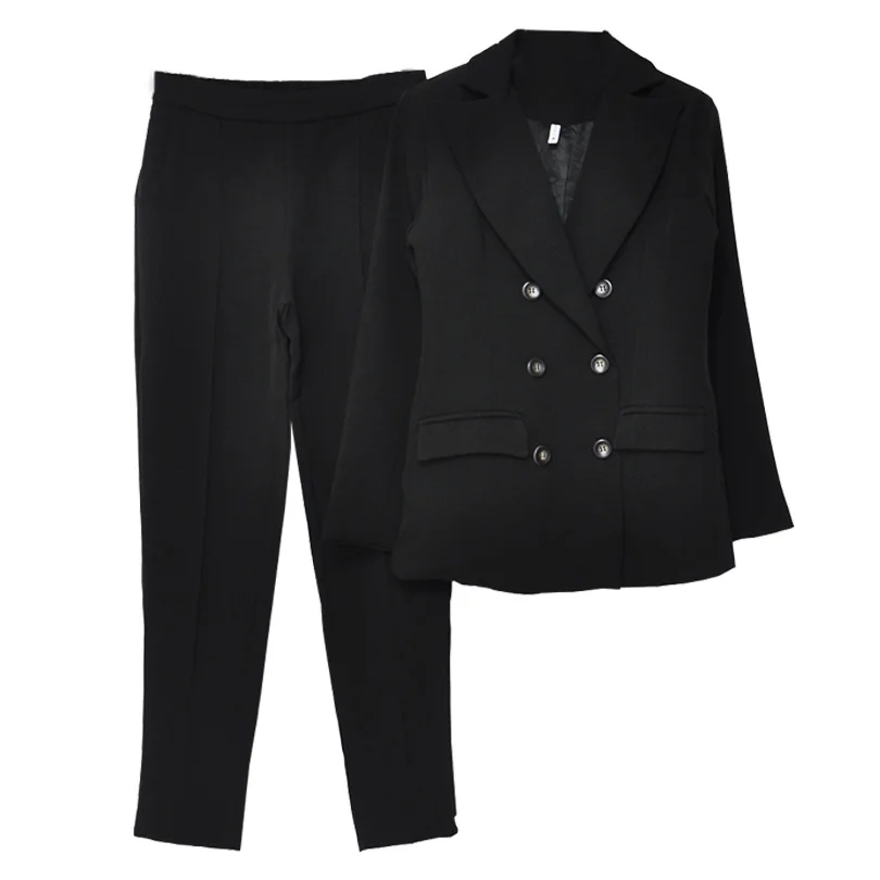 Женский брючный костюм MVGIRLRU, блейзер на пуговицах с отложным воротником и брюки со стрелками, жакет и штаны, комплект для офисной леди - Цвет: Черный