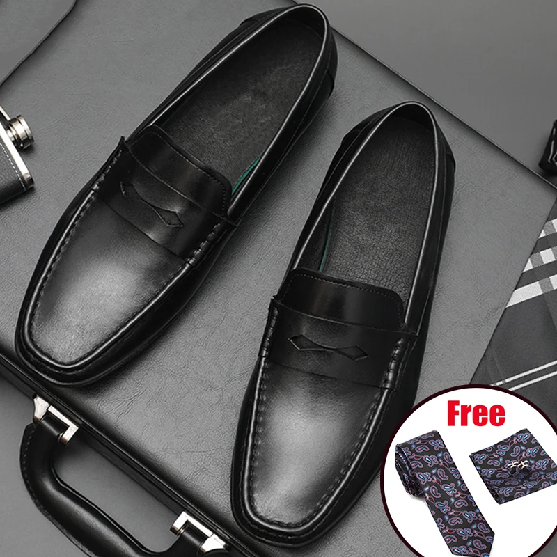 Phenkang Men Leather Summer Casual Shoes Male Sneakers loafer Mens Slip On Coffee Men's Genuine Leather Loafers Driving Shoes