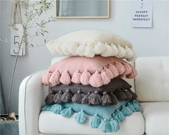 

ZENGIA Knit Cushion Cover with tassels Ivory Grey Pink Green Solid Pillow Case For Sofa Living Room Decorative Pillow Cover
