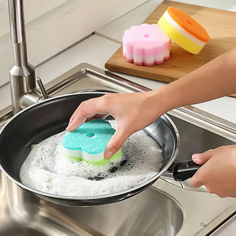 5Pcs Flower Shaped Sponge Brush Dishes Washing Multi-functional Kitchen  Bathroom Cleaning Tools Replaceable