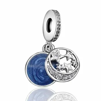 

925 Sterling Silver Moon & Blue Sky Dangle Charm Enamel Cubic Zircon Fit Original Pandora Charm Bracelet silver 925 Jewelry
