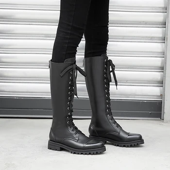 

Genuine Leather Women Knee High Boots autumn Winter Boots Female Chunky low Heels Party Night Club Shoes Woman Punk