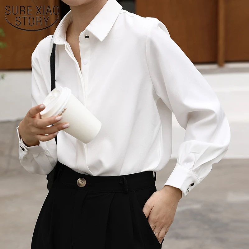 Camisas formales de estilo OL para mujer, Blusa blanca con vuelto, ropa trabajo elegante, camisa de manga larga de un pecho 18321| Camisa| -