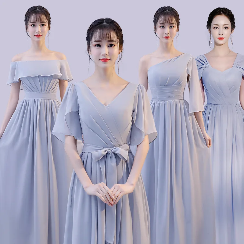 

2019 New Long Chiffon Bridesmaid Dresses Elegant Wedding Party Prom Dresses Vestido De Festa Pink silver Gray