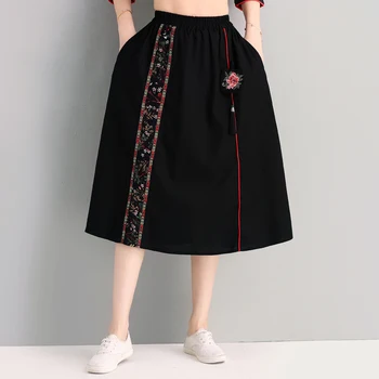 

KYQIAO online chinese store ethnic skirts womens autumn designer long black blue embroidery a-line midi skirt