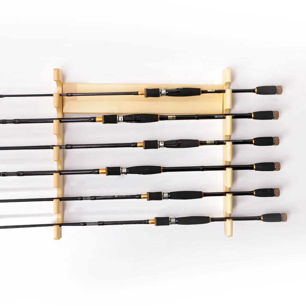 Fishing Rod Rack Storage 6-Rods Pole Wall Mount Horizontal Pole Wood Holder