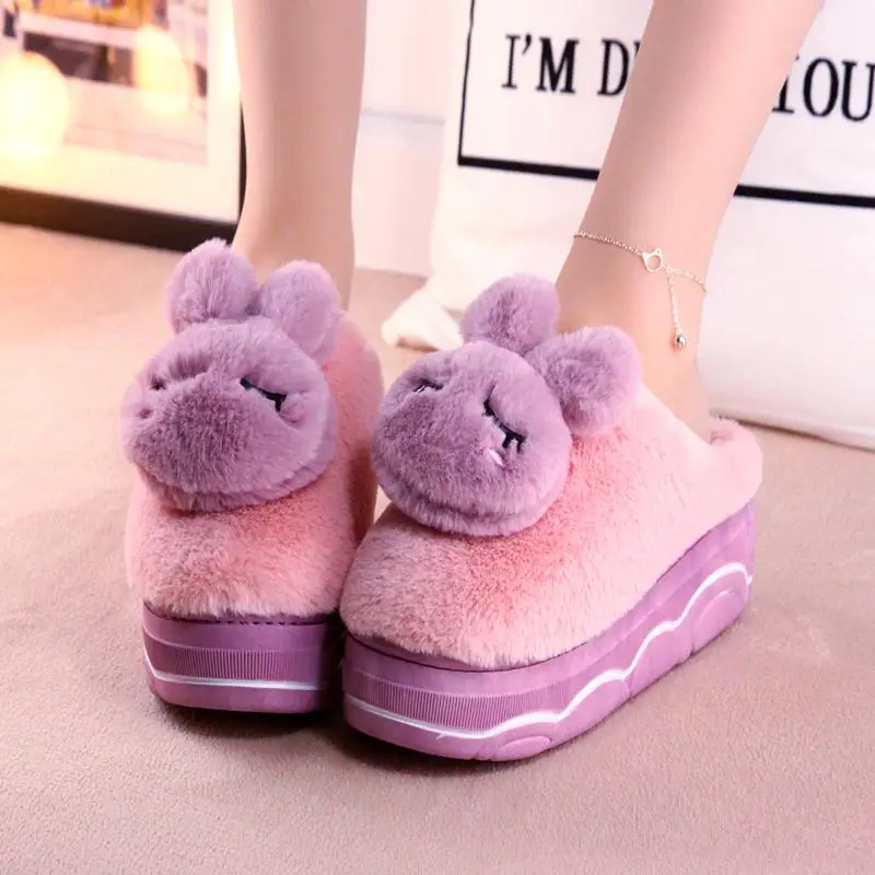 Для женщин; зимние теплые тапочки; высота каблука: 5 см с изображением мультяшного кролика толстая подошва на меху на толстой подошве, шлепанцы женские сандалии домашнее внутреннее наружное обувь - Цвет: purple
