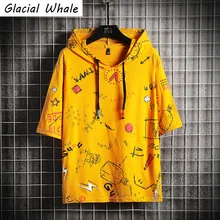 

GlacialWhale Men's Hoodies Summer Short Sleeves Graffiti Sweatshirt Male Hip Hop Harajuku Japanese Streetwear Yellow Hoodie Men
