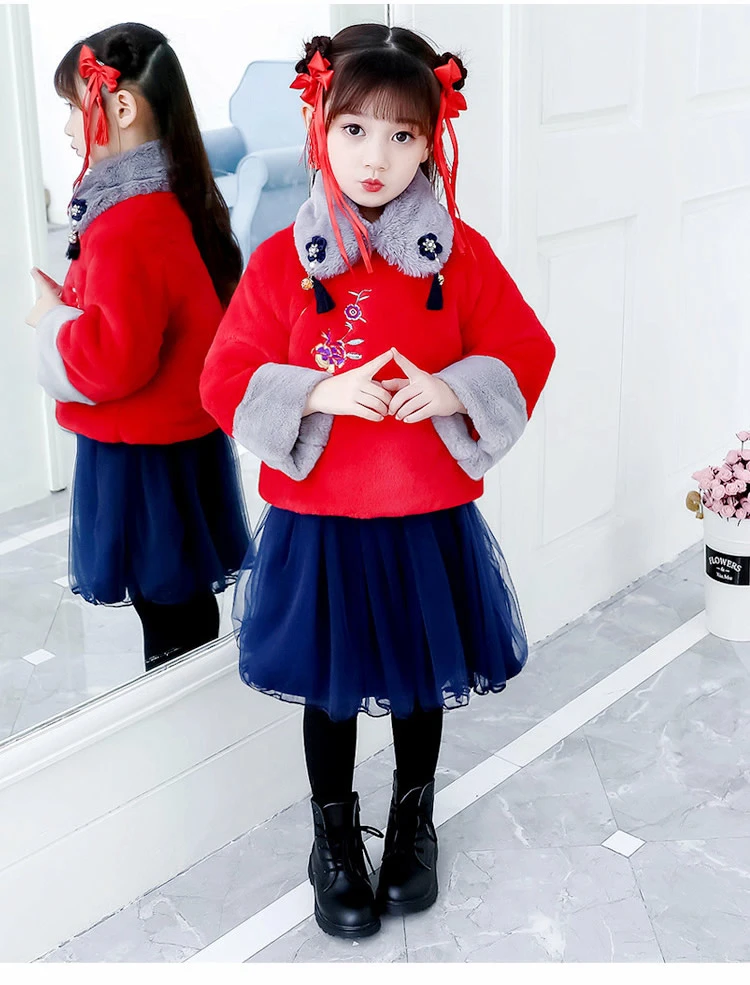 Hanfu/красный плащ для девочек; стеганая куртка в Корейском стиле; Зимняя Детская шерстяная одежда; одежда для детей; Китайский новогодний костюм; Cheongsam