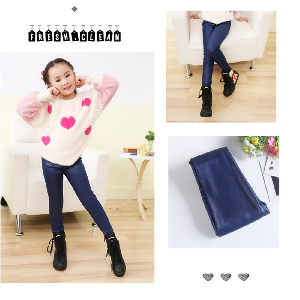 PU leather navy LOOZYKIT зимние леггинсы из искусственной кожи для девочек Теплые обтягивающие штаны осенне-зимние плотные вельветовые Теплые длинные штаны для детей возрастом от 3 до 10 лет - Цвет: PU leather navy