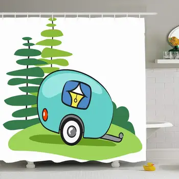 

Shower Curtain Set with Hooks 72x72 Camping Happy Curtains Travel Recreation Parks Vacation Green Cheerful indoor Woods Pine