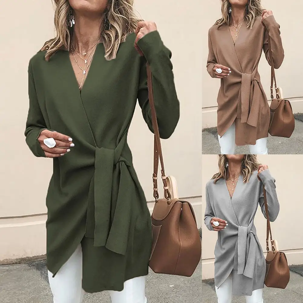 

2019 Chic Women Solid Color V Neck Long Sleeve Waist Knotted Casual Knitted Coat Cotton Slim Waist Knotted Office Women's Coat
