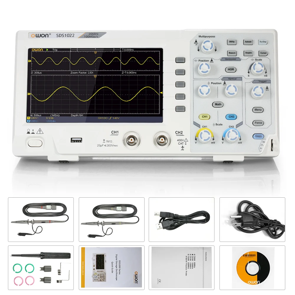 Owon SDS1022 осциллограф цифровой осциллограф 2CH 20 МГц 100 мс/с " ЖК-дисплей