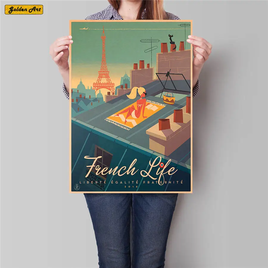 

France Paris City Travel Poster Hand Painted Tourist Attractions Vintage Kraft Cafe Bedroom Bar Home Decor Wall Sticker 42x30cm