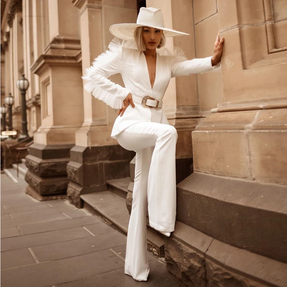 

New Fashion White 2 Pieces Set Elegant Black Long Sleeve Bodycon Celebrity Evening Party Women Suits Ruffles Mesh Prom Suit