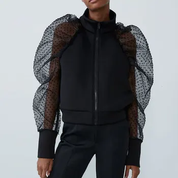 

Jackets For Women Black Short Coat Solid Patchwork Mesh Dot Puff Sleeve Jacket Female Spring Autumn Zipper Elegant Lady Coats