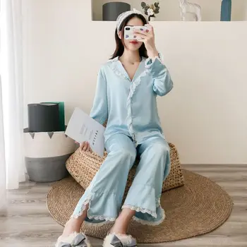 

2020 Autumn and Winter Girl Simulation Silk Loose Home Clothes Comfortable and Noble Middle-aged Ladies Pajamas Suit Dormir Tops