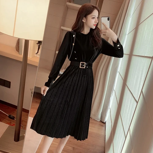 Весеннее и осеннее Золотое вельветовое модное корейское женское платье с О-образным вырезом, длинное ретро Тонкое плиссированное платье D9N104Q - Цвет: Black