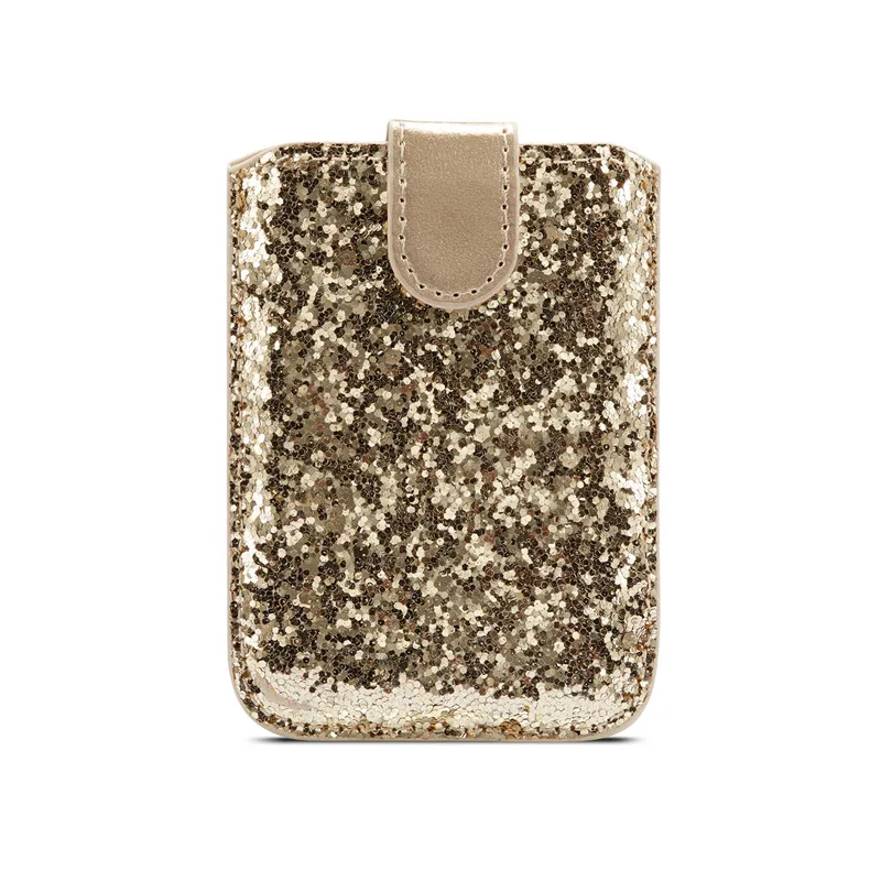 Роскошный блестящий кожаный чехол для мобильного телефона с отделением для ID карты, кошелек, кредитный карман, клейкая наклейка, мобильный чехол для женщин и мужчин - Цвет: Gold
