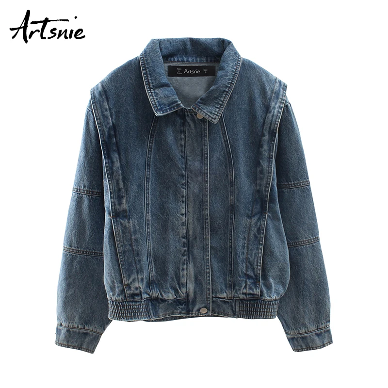 

Artsnie streetwear casual denim jacket women turn down collar long sleeve coats boyfriend jeans zipper blue jackets female