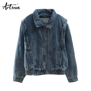 

Artsnie streetwear casual denim jacket women turn down collar long sleeve coats boyfriend jeans zipper blue jackets female