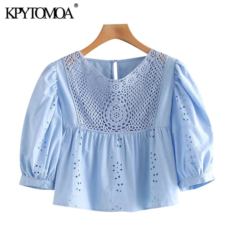 KPYTOMOA-blusas recortadas bordadas para mujer, blusas Vintage con manga abombada y volantes, Tops Chic para mujer 2020