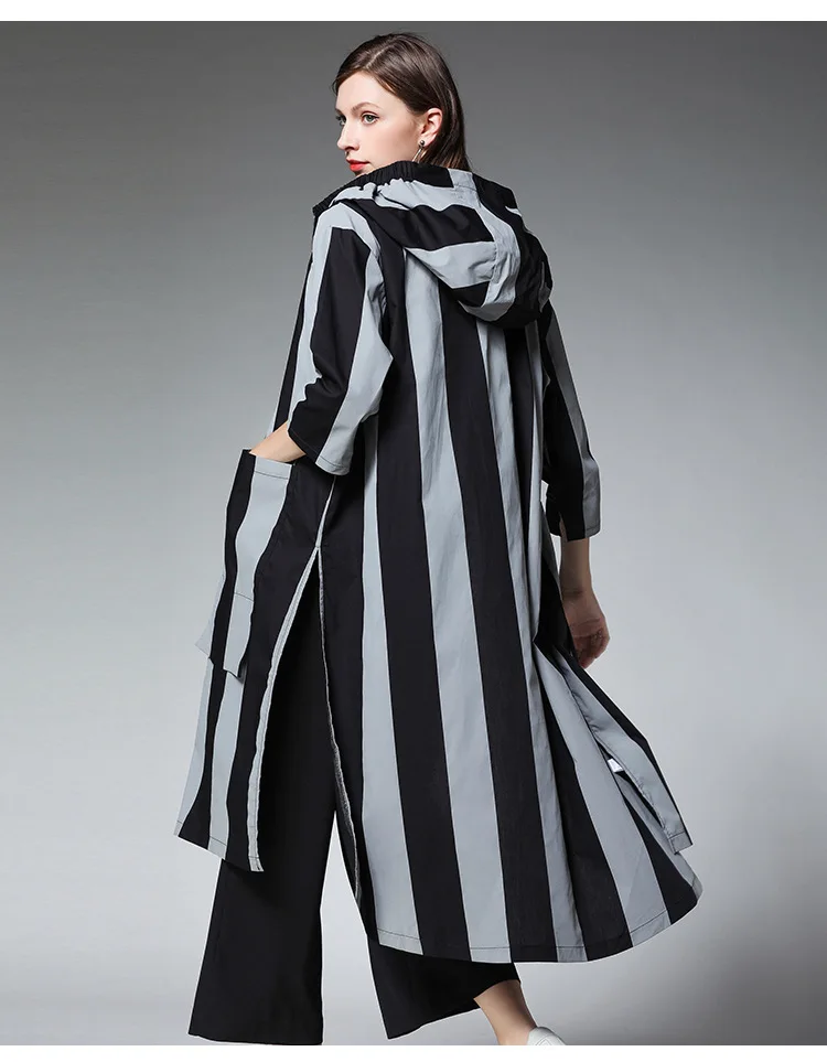 TVVOVVIN Loose Fit Pleated Striped Pockets Jacket New Hooded Collar Long Sleeve Women Coat Fashion Tide Autumn Winter C693