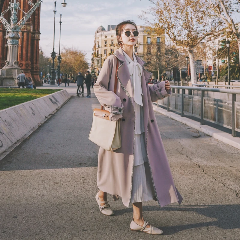 Women's side slit design long coat Fashion women's trench coat Double-breasted long trench coat One-piece cloak coat
