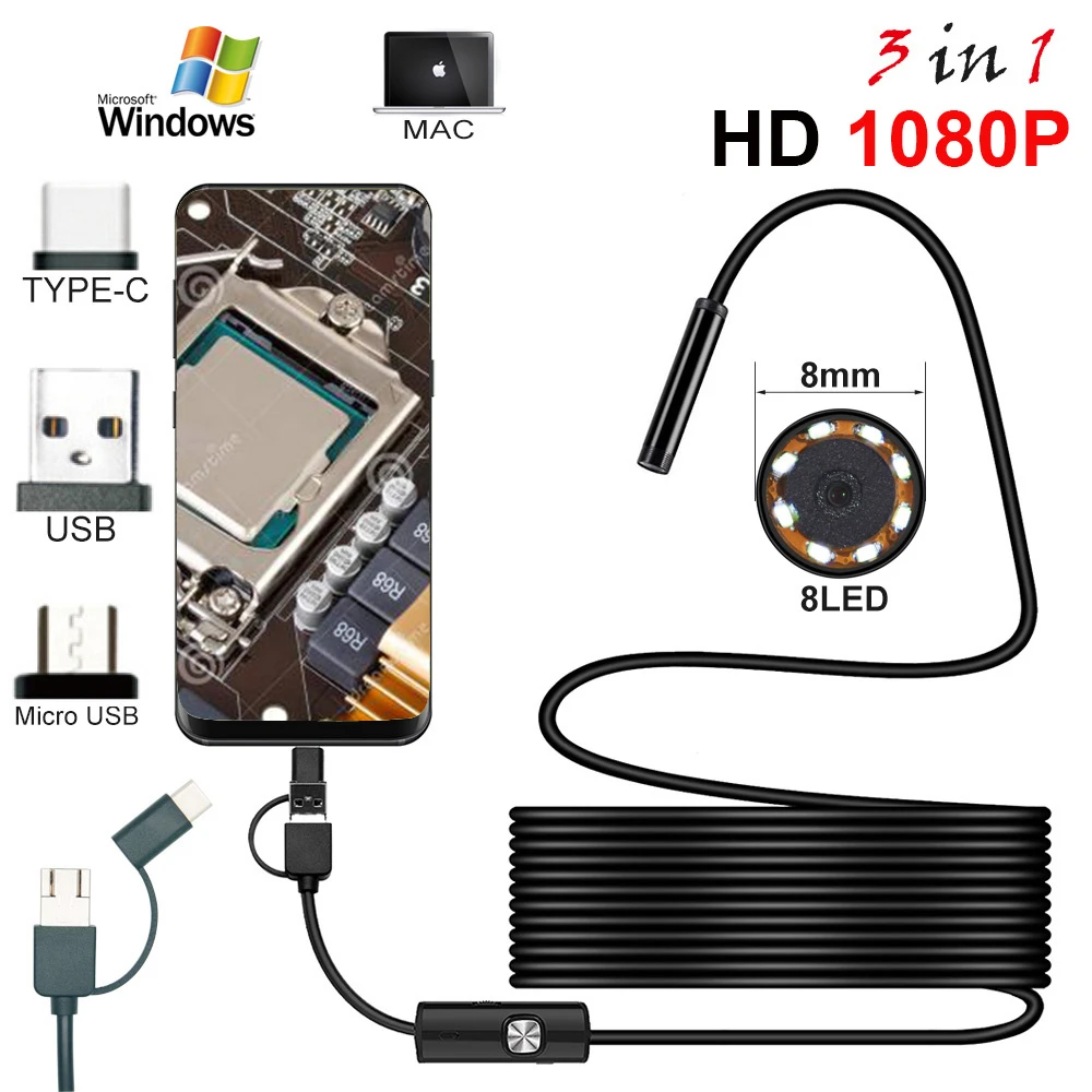 1M Max 10M Tloowy 8mm 30FPS IP67 Waterproof HD 8 LED Borescope Endoscope Inspection Tube Camera Android USB/Type-C with USB Adpater for Android Device with OTG Function 