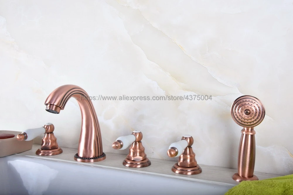 Antique Red Copper Bathroom Tub Sink Faucet With Hand Shower Deck