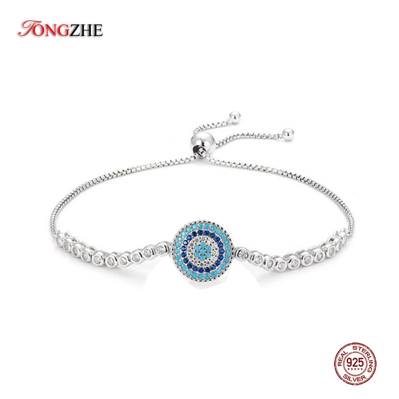 TONGZHE 100% 925 Sterling Silver Lucky Round Blue Evil Eyes Power Tennis Bracelet Pave CZ Adjustable Box Chain Fine Jewelry | Украшения и