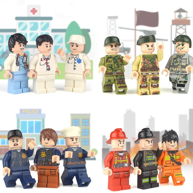 24Pcs/ DIY Figures City PoliceMan Fireman Teacher Building Blocks Bricks Assemble Toys Set For Boy Girl Children Christmas Gifts